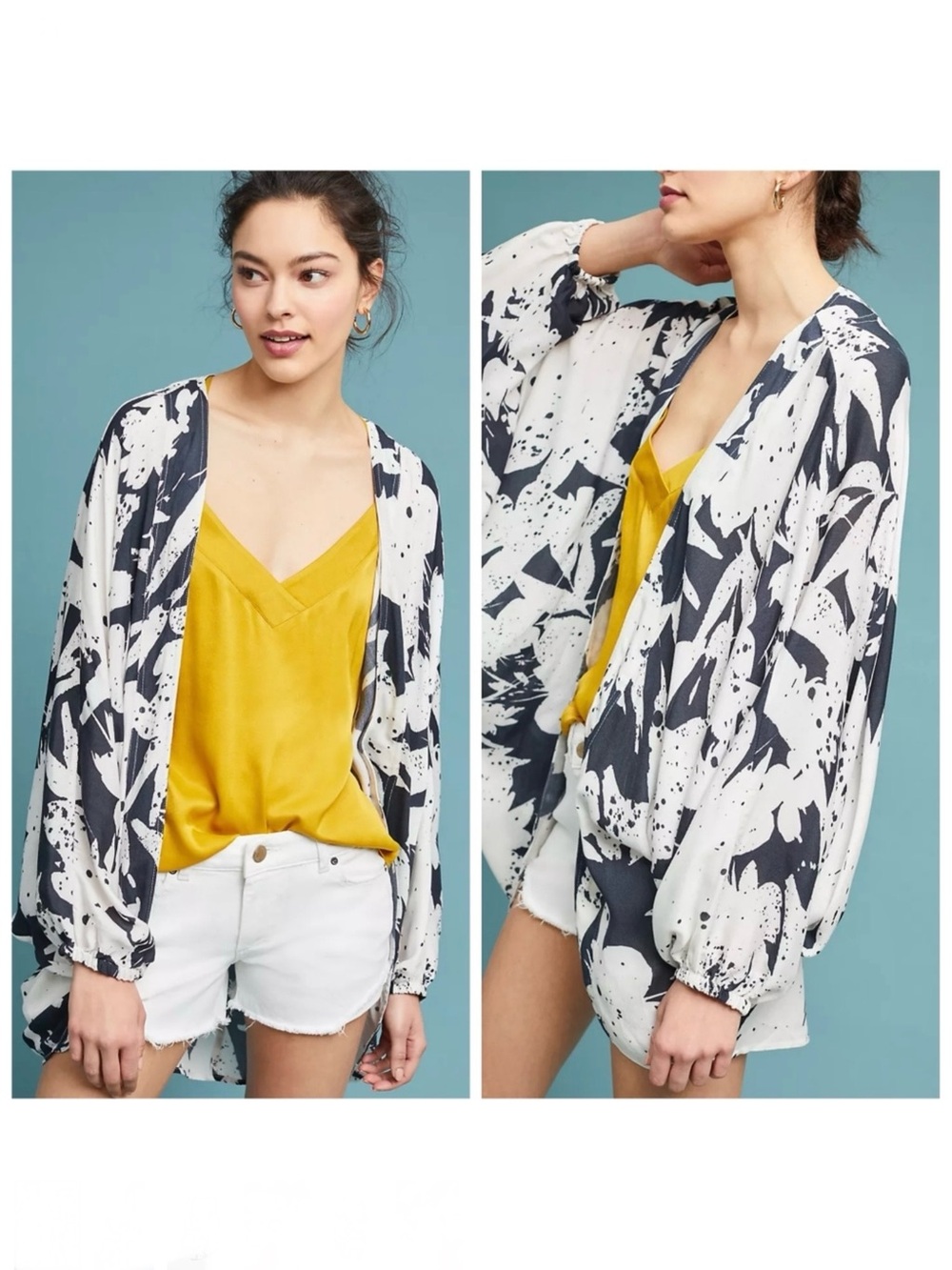 AKEMI + KIN Anthropologie Cocoon Kimono Cardigan S M L XL Blue White Beach Boho - Picture 7 of 12